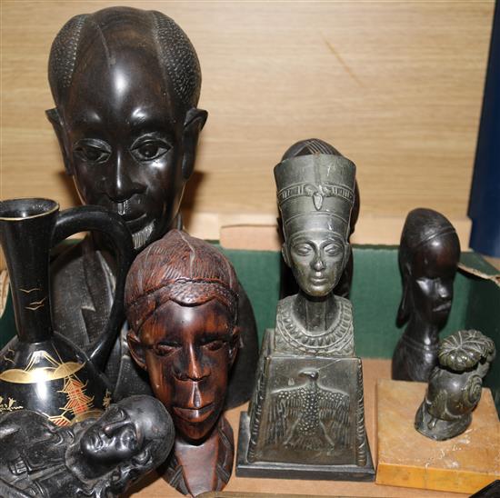 A bronze and marble classical helmet paperweight, assorted soft metal and hardwood busts and sundries